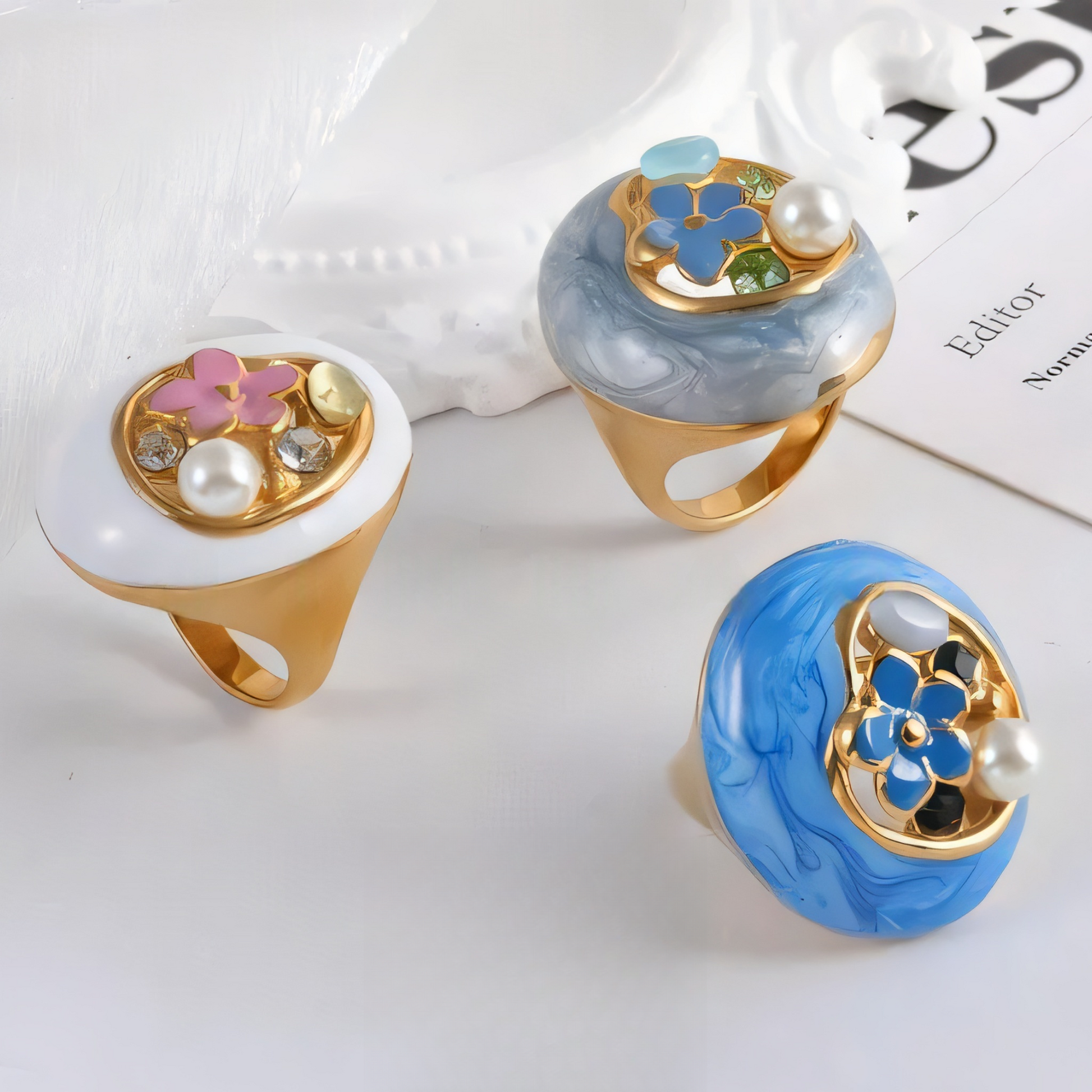 Floral Stainless Steel Resin Ring with Pearls Classic Fashion for Women | G004475