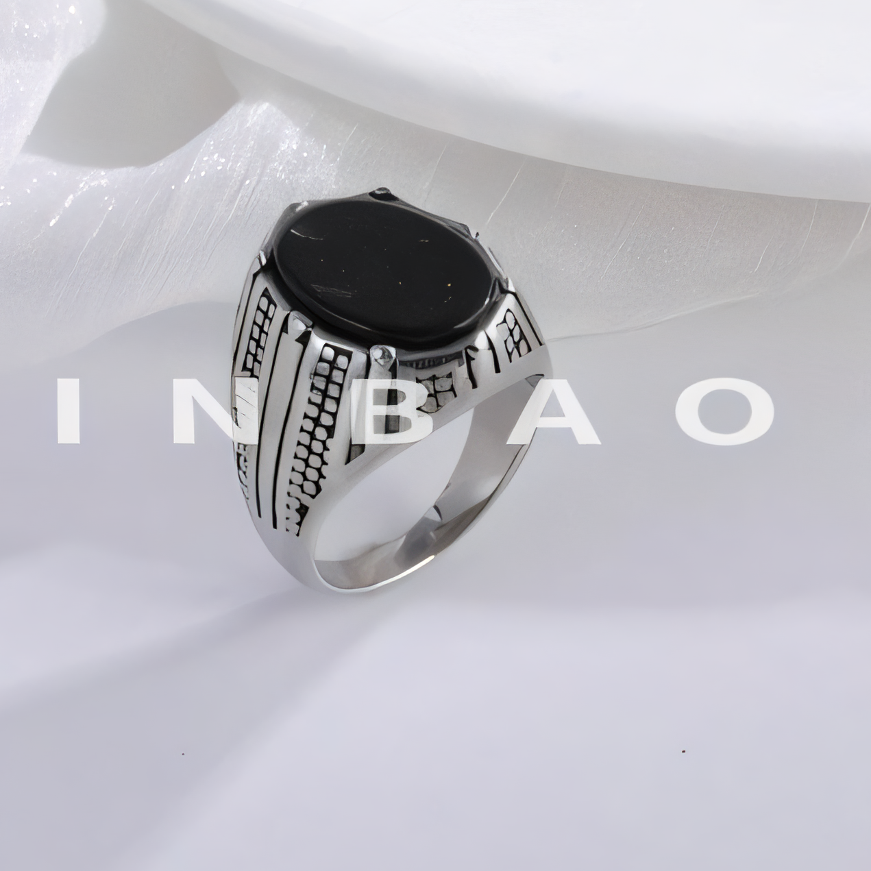 Flat black stone inlaid vintage stainless steel men's ring | K00930