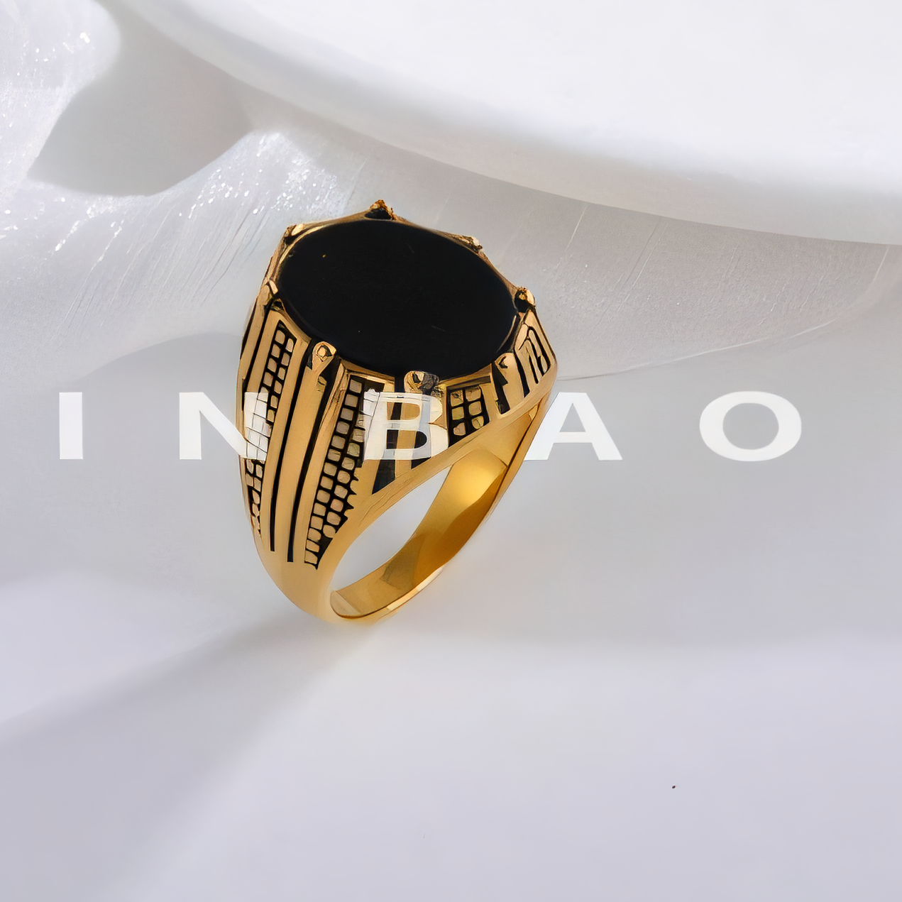 Flat black stone inlaid vintage stainless steel men's ring | K00930