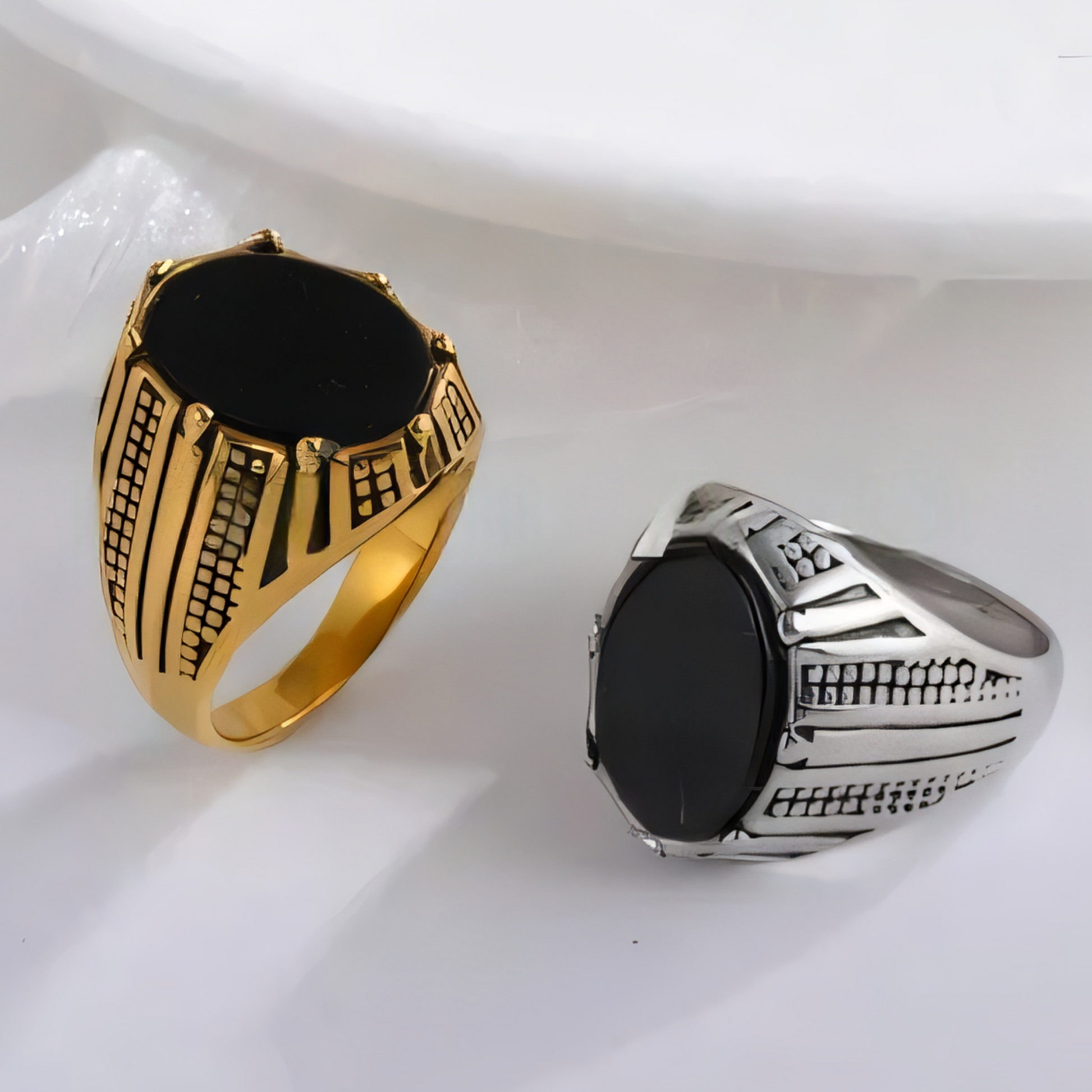 Flat black stone inlaid vintage stainless steel men's ring | K00930