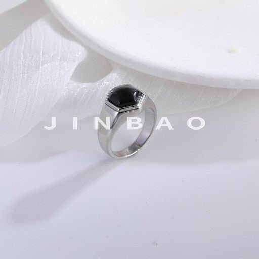 Hexagonal Stainless Steel Ring with Black Gemstone Classic Fashion for Men | K002786