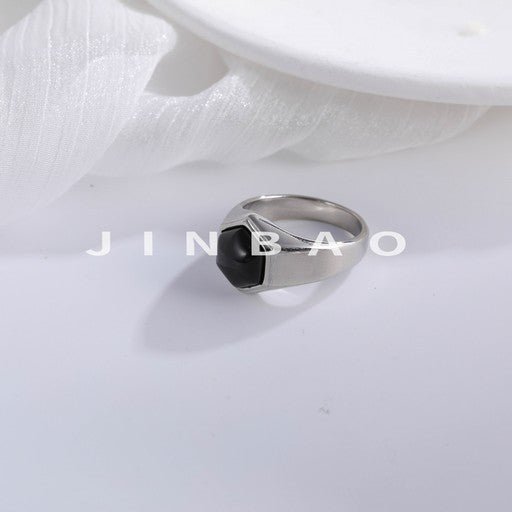 Hexagonal Stainless Steel Ring with Black Gemstone Classic Fashion for Men | K002786