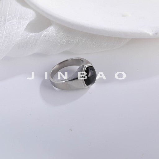 Hexagonal Stainless Steel Ring with Black Gemstone Classic Fashion for Men | K002786
