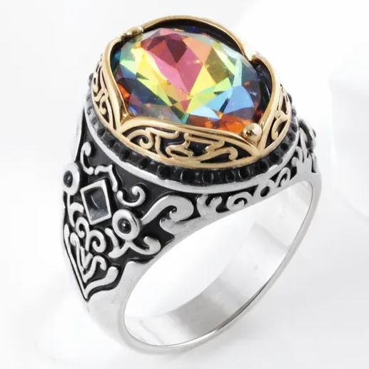 Vintage Stainless Steel Rainbow Gemstone Ring with Intricate Carving for Men | K002776