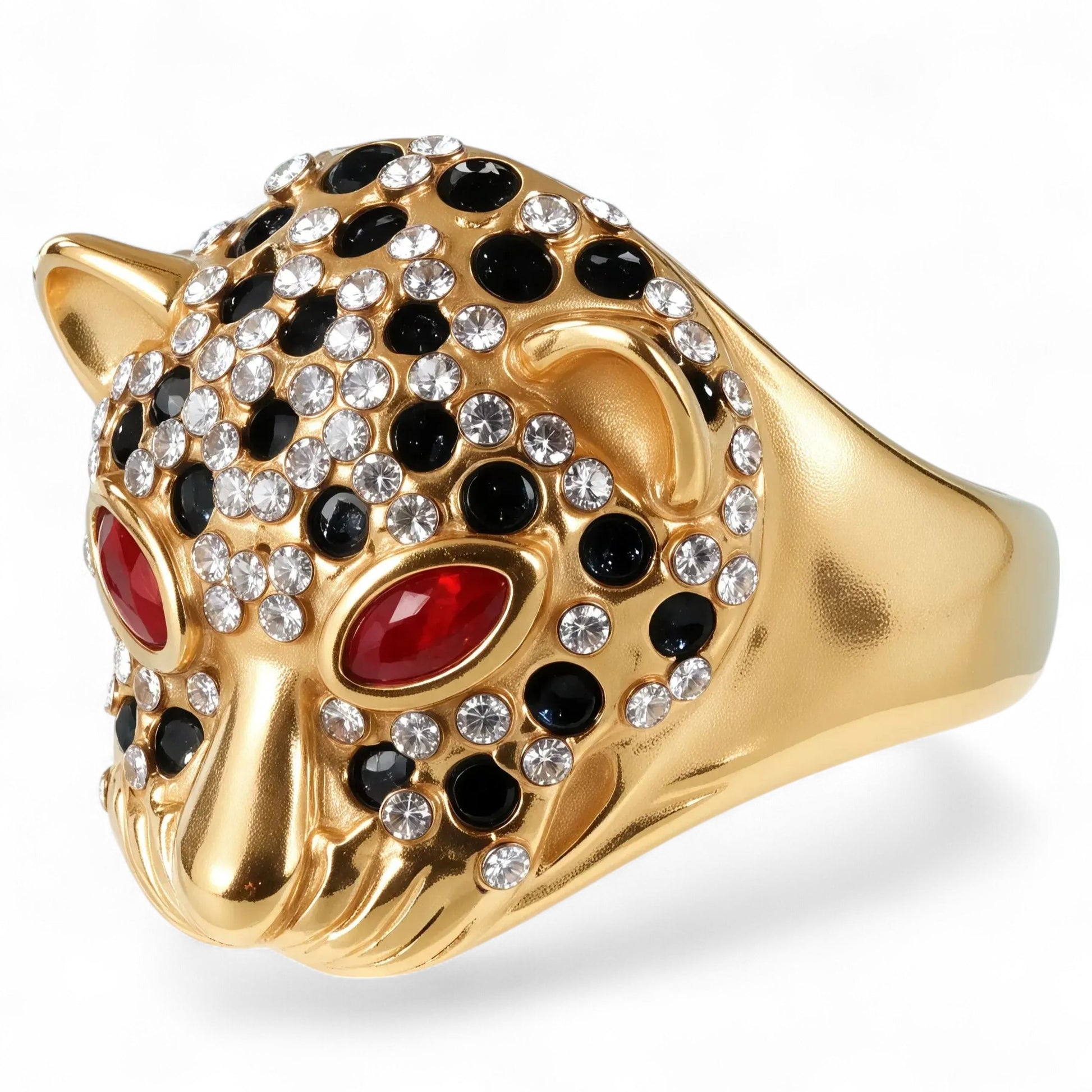 Panther Head Shining Hip Hop Inlaid Red And Black Brick Design Gold Stainless Steel Ring丨G00981