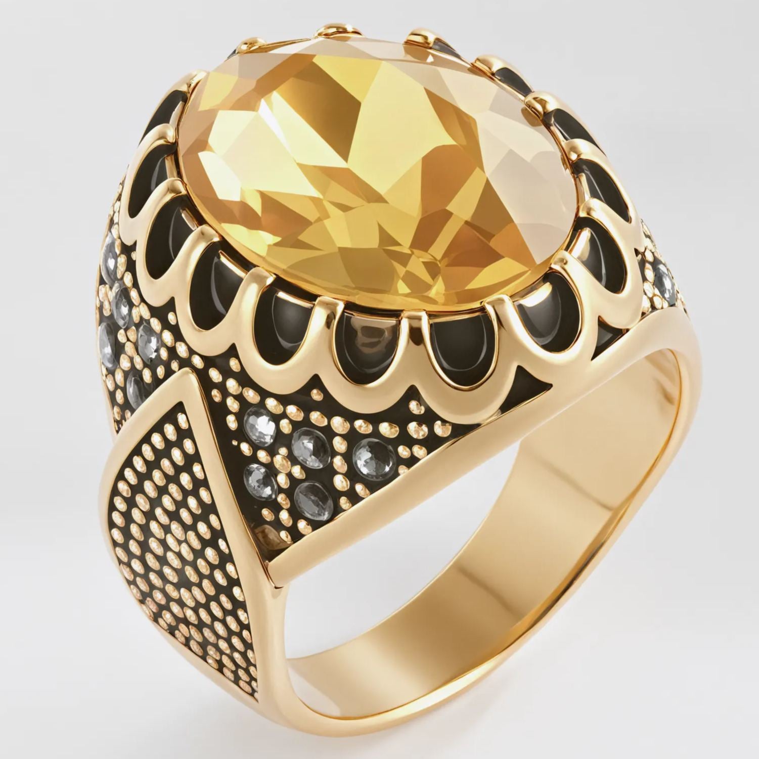 Vintage Stainless Steel Yellow Gemstone Ring with Hollow Carving Details for Men | K002762