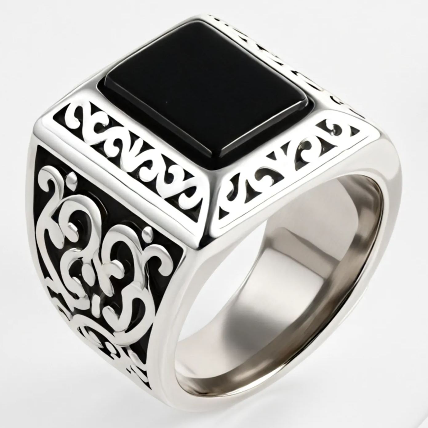 Vintage Black Square Gemstone Men's Stainless Steel Ring | K00148