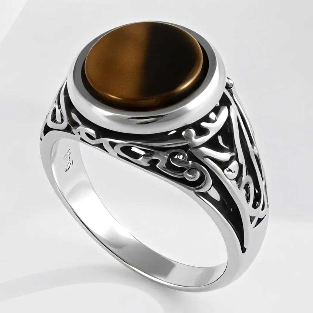 Vintage Carved Tiger Eye Stainless Steel Ring Men's Elegant Band | BL337