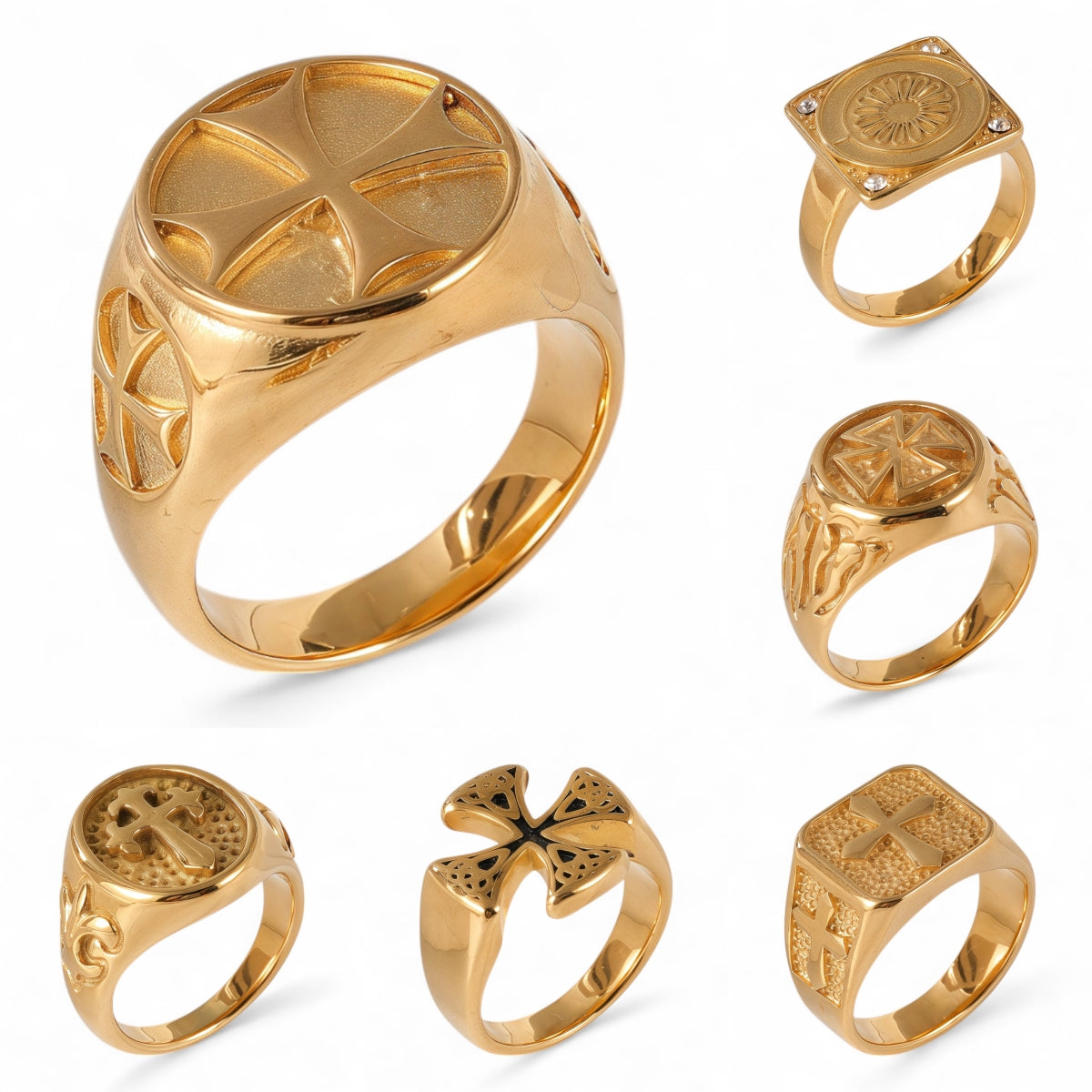 24K Gold PVD Stainless Steel Titanium Cross Pattern Men's Ring