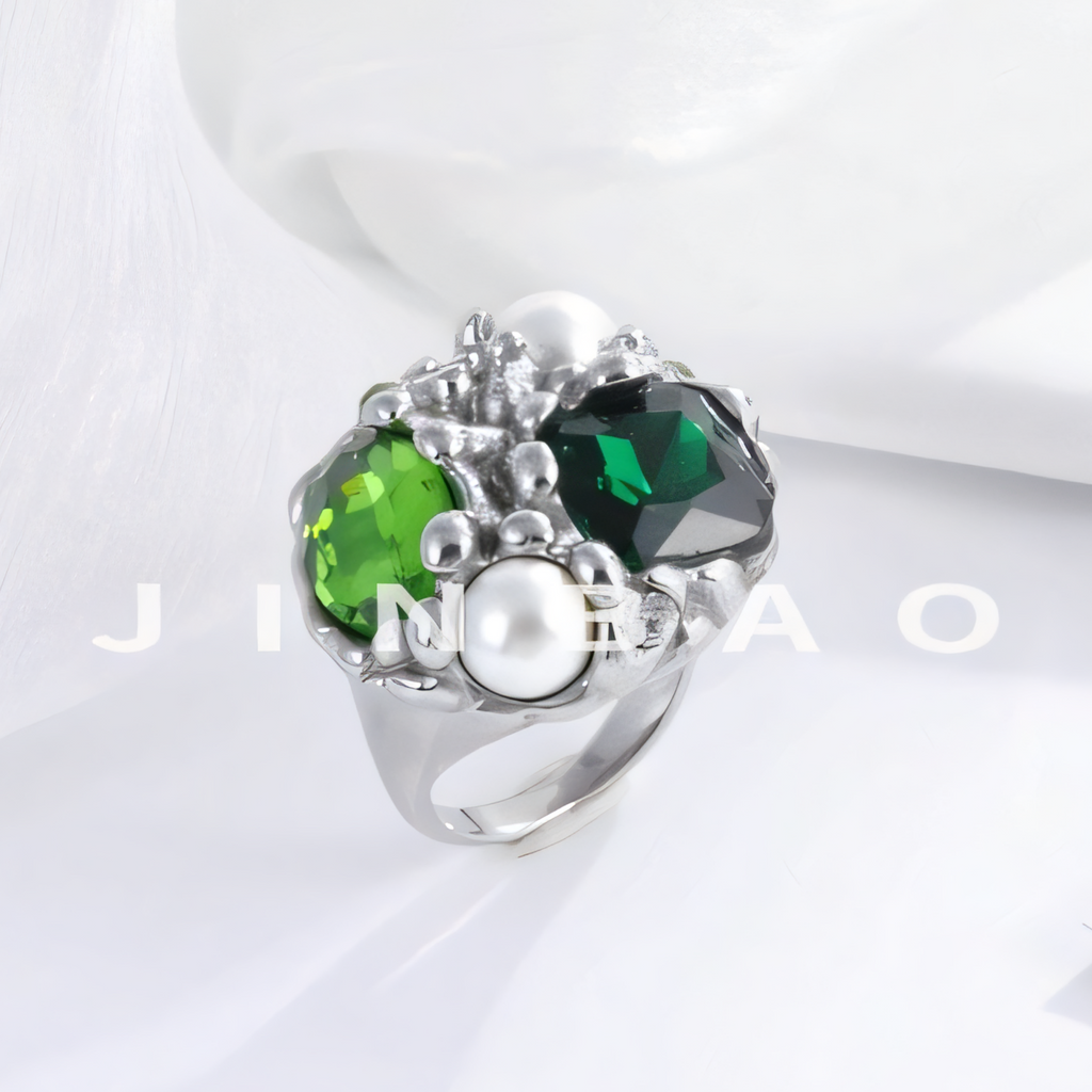 Luxurious Gemstone and Pearl Decorative Stainless Steel Ring Women's Ring | G004495