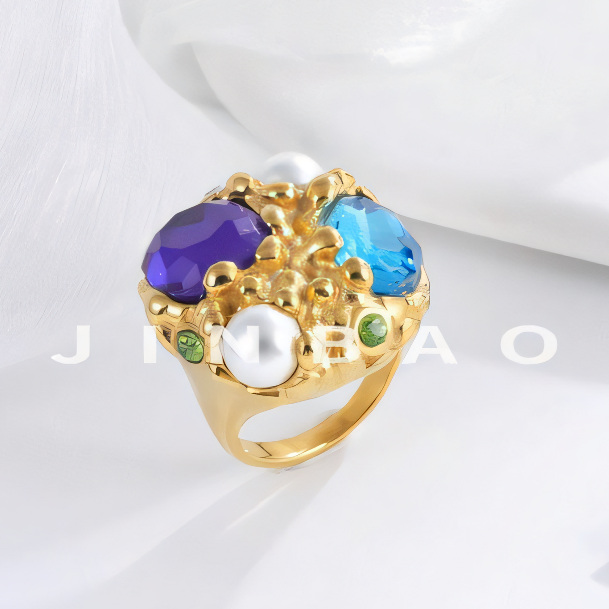 Luxurious Gemstone and Pearl Decorative Stainless Steel Ring Women's Ring | G004495