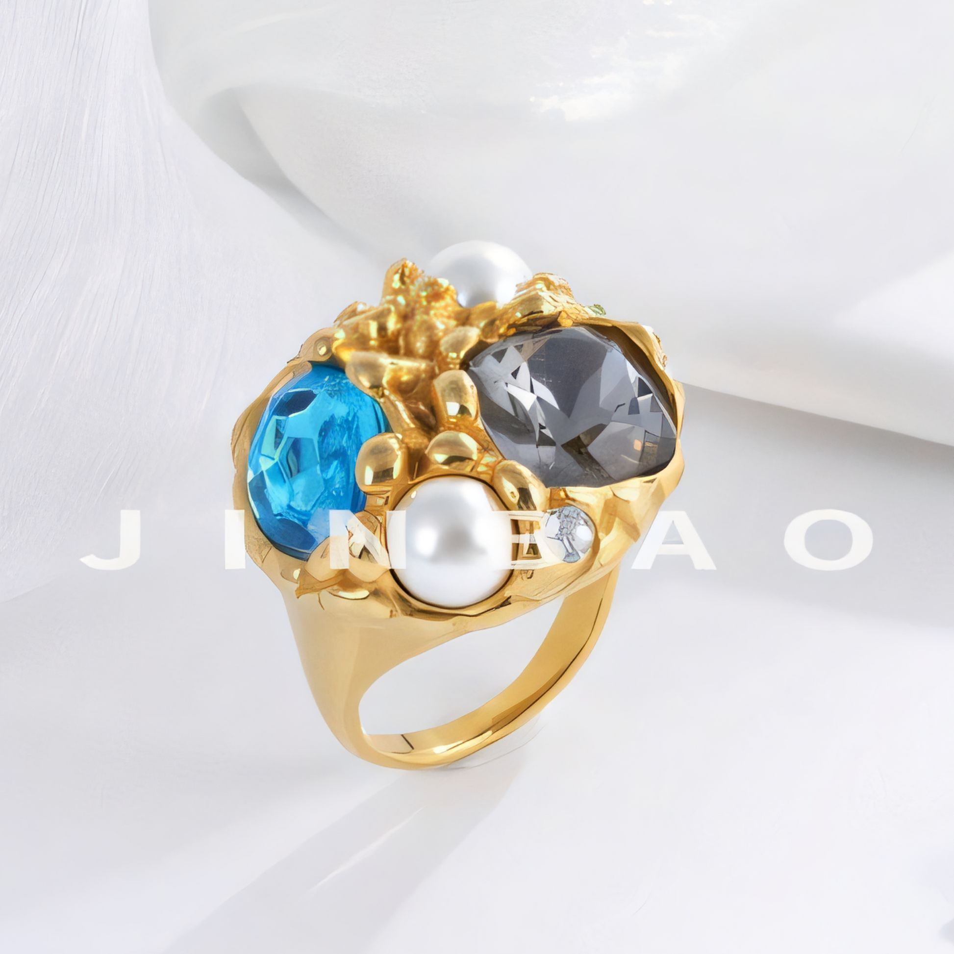 Luxurious Gemstone and Pearl Decorative Stainless Steel Ring Women's Ring | G004495