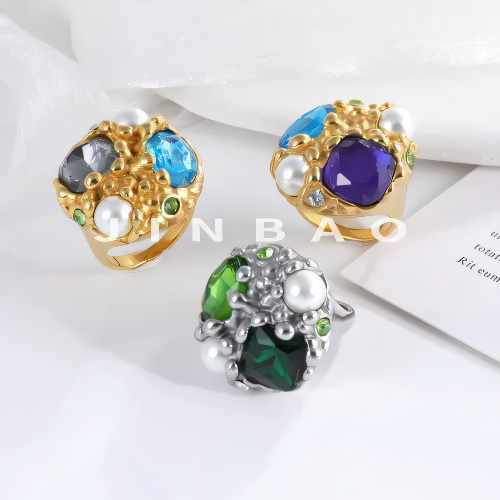 Luxurious Gemstone and Pearl Decorative Stainless Steel Ring Women's Ring | G004495