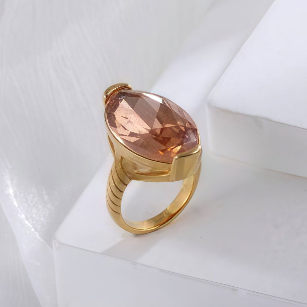Luxurious Gemstone Inlay Ring Gold Stainless Steel Women's Band | BL1198