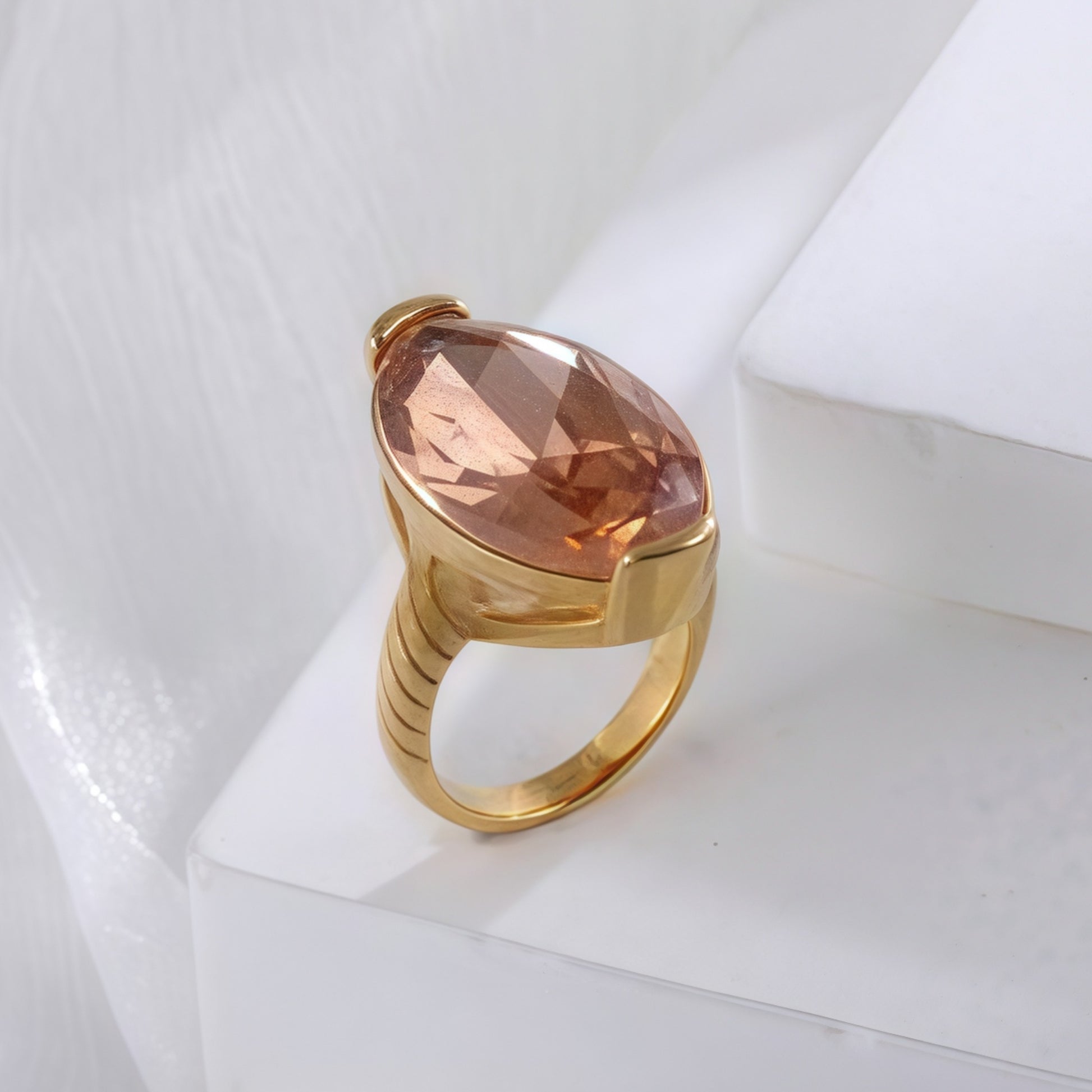 Luxurious Gemstone Inlay Ring Gold Stainless Steel Women's Band | BL1198
