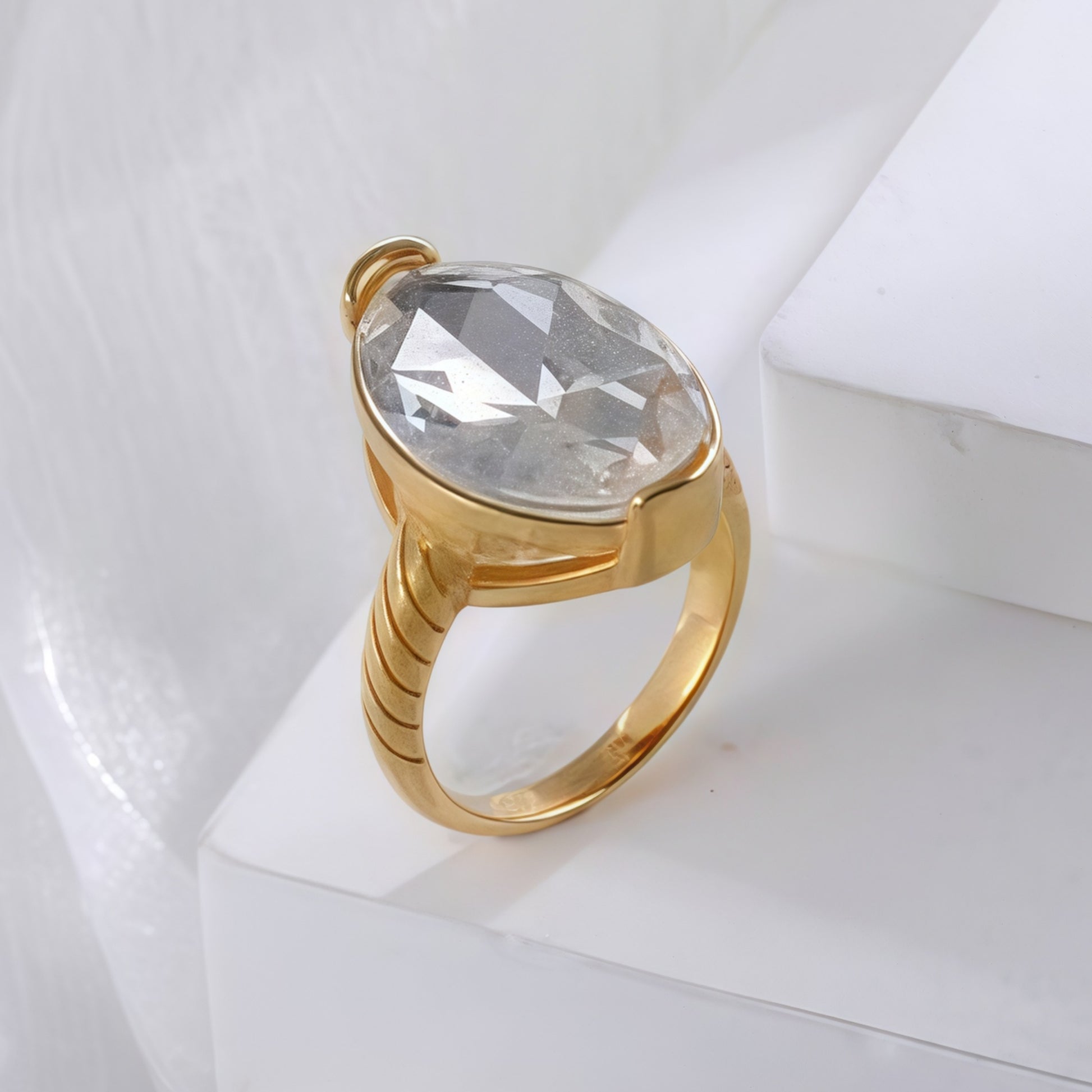 Luxurious Gemstone Inlay Ring Gold Stainless Steel Women's Band | BL1198