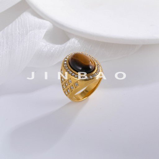 Luxurious Gold Tiger Eye Stone Inlaid Diamond Stainless Steel Men's Ring | BL869