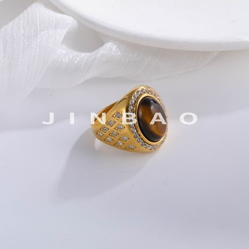 Luxurious Gold Tiger Eye Stone Inlaid Diamond Stainless Steel Men's Ring | BL869