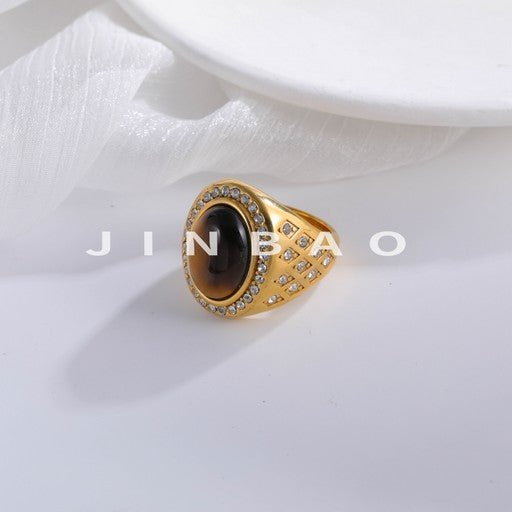 Luxurious Gold Tiger Eye Stone Inlaid Diamond Stainless Steel Men's Ring | BL869