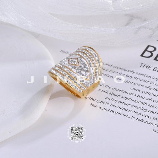 Luxurious Wide Band Diamond-Studded Stainless Steel Ring Women's Minimalist Band | G003824