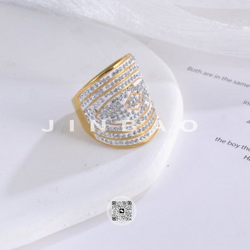 Luxurious Wide Band Diamond-Studded Stainless Steel Ring Women's Minimalist Band | G003824