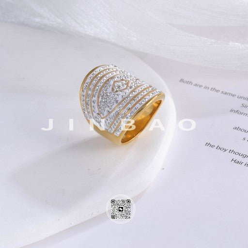Luxurious Wide Band Diamond-Studded Stainless Steel Ring Women's Minimalist Band | G003824