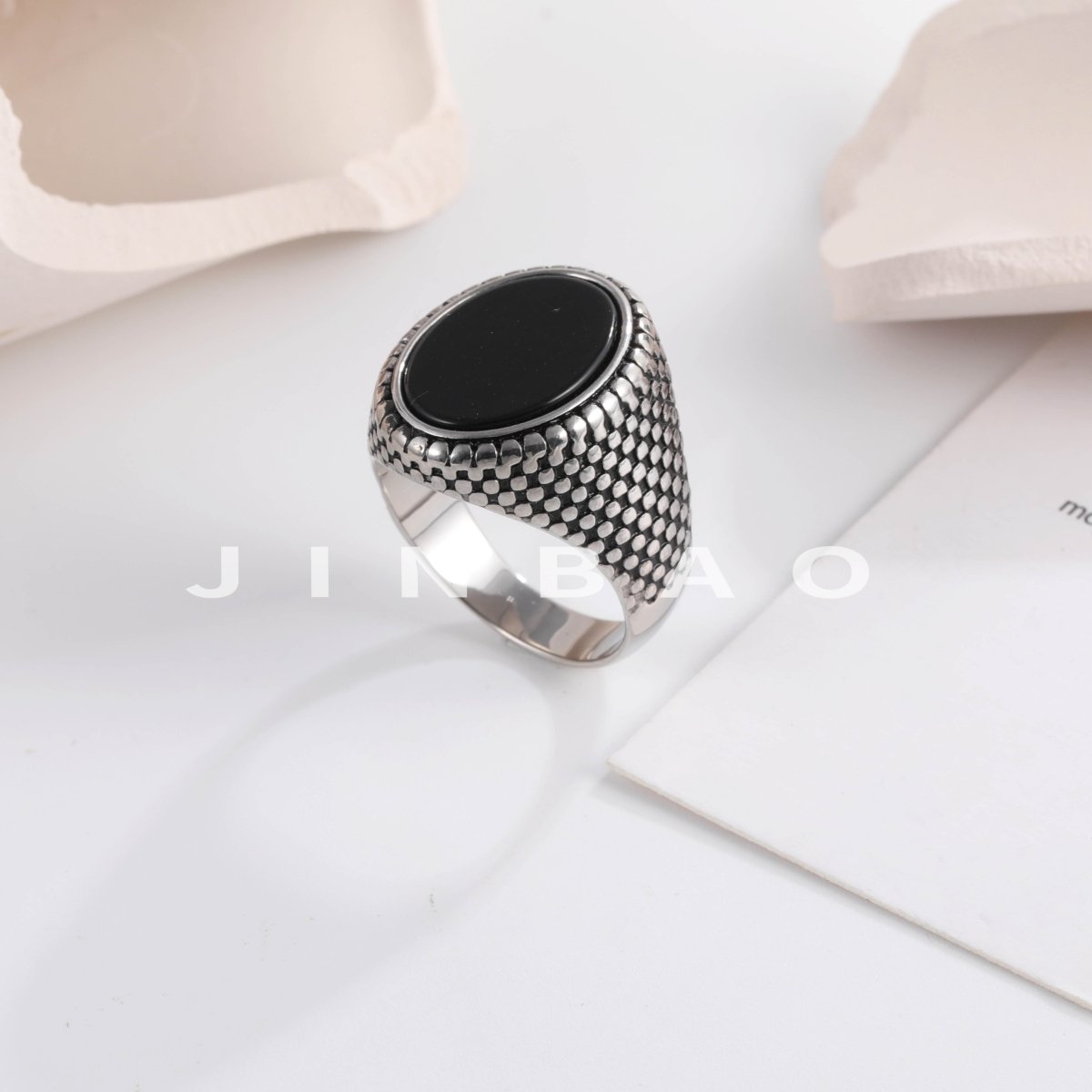 Men's Stainless Steel Flat Stone Ring Vintage Style Durable Jewelry | K002392