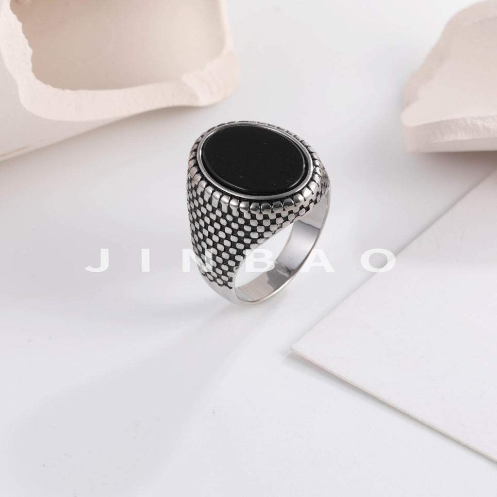 Men's Stainless Steel Flat Stone Ring Vintage Style Durable Jewelry | K002392
