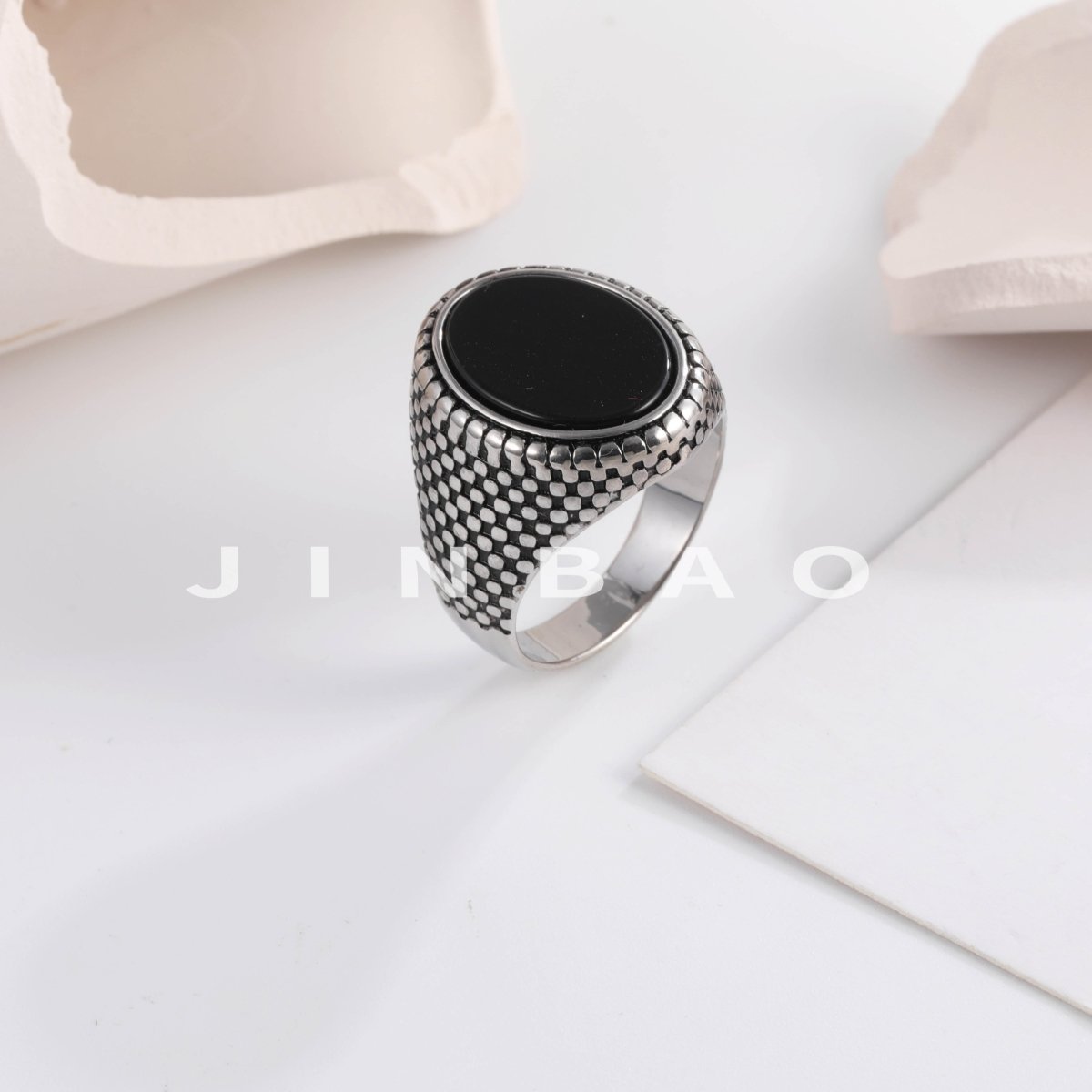 Men's Stainless Steel Flat Stone Ring Vintage Style Durable Jewelry | K002392