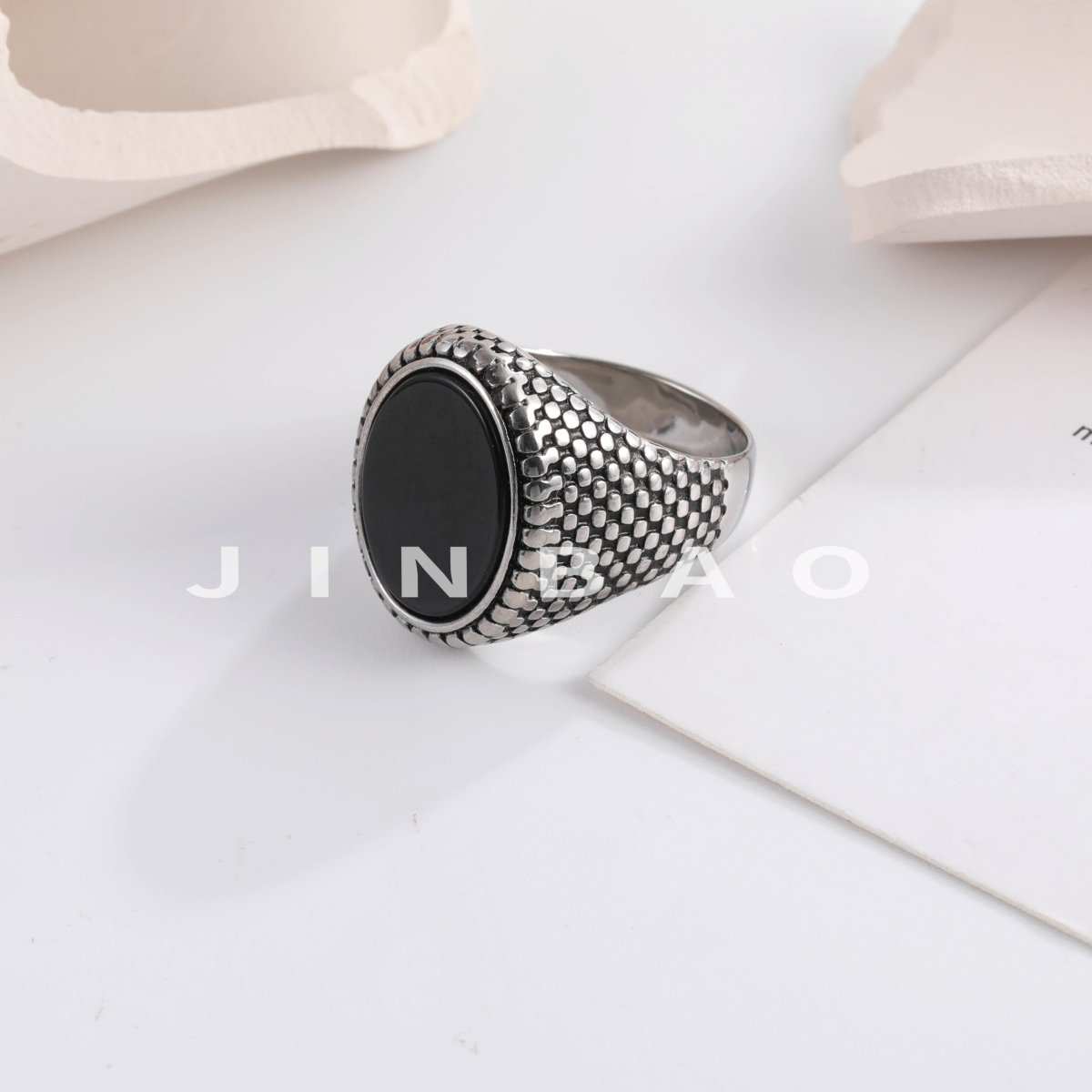 Men's Stainless Steel Flat Stone Ring Vintage Style Durable Jewelry | K002392