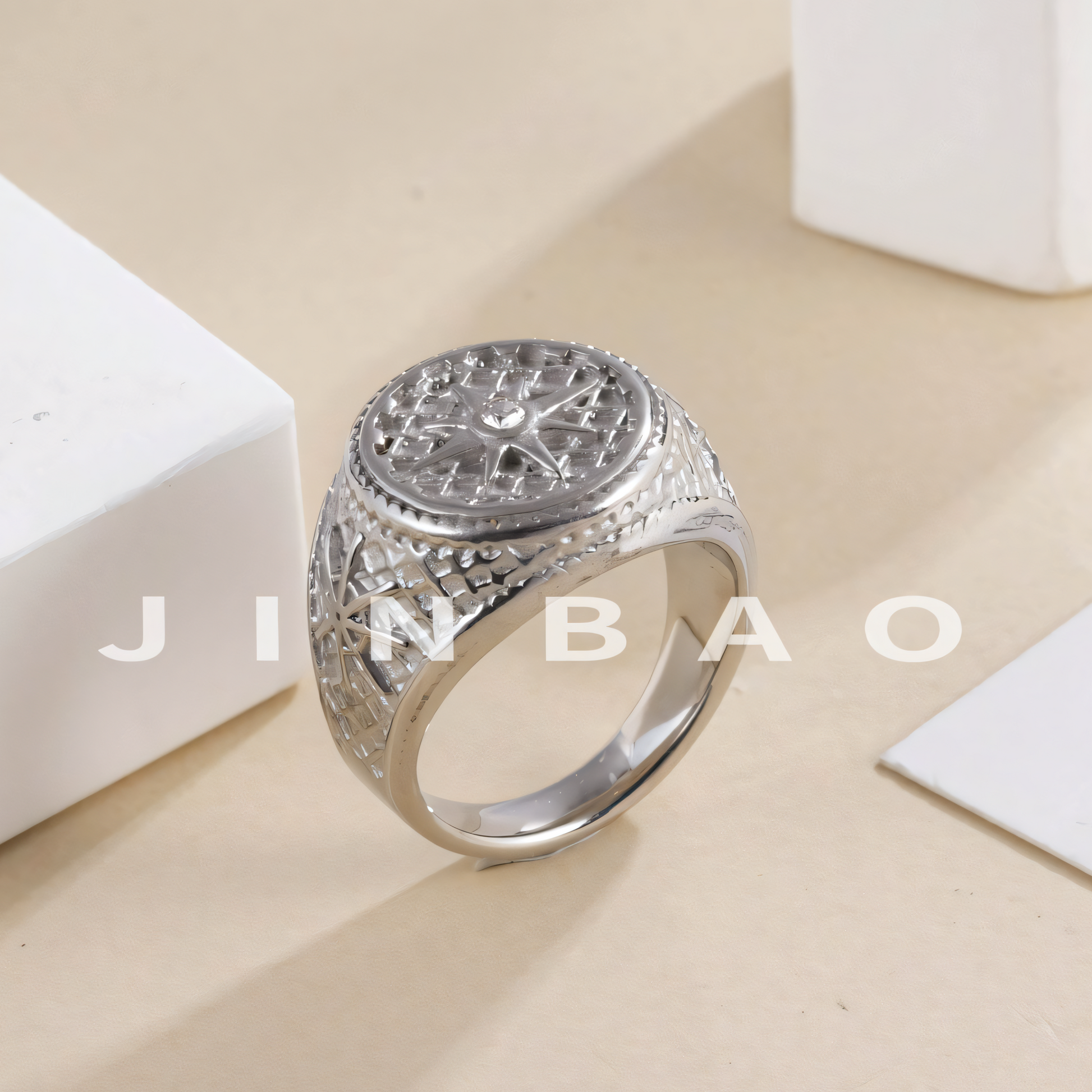 Mens Vintage Stainless Steel Compass Ring Retro Nautical Jewelry | G002130