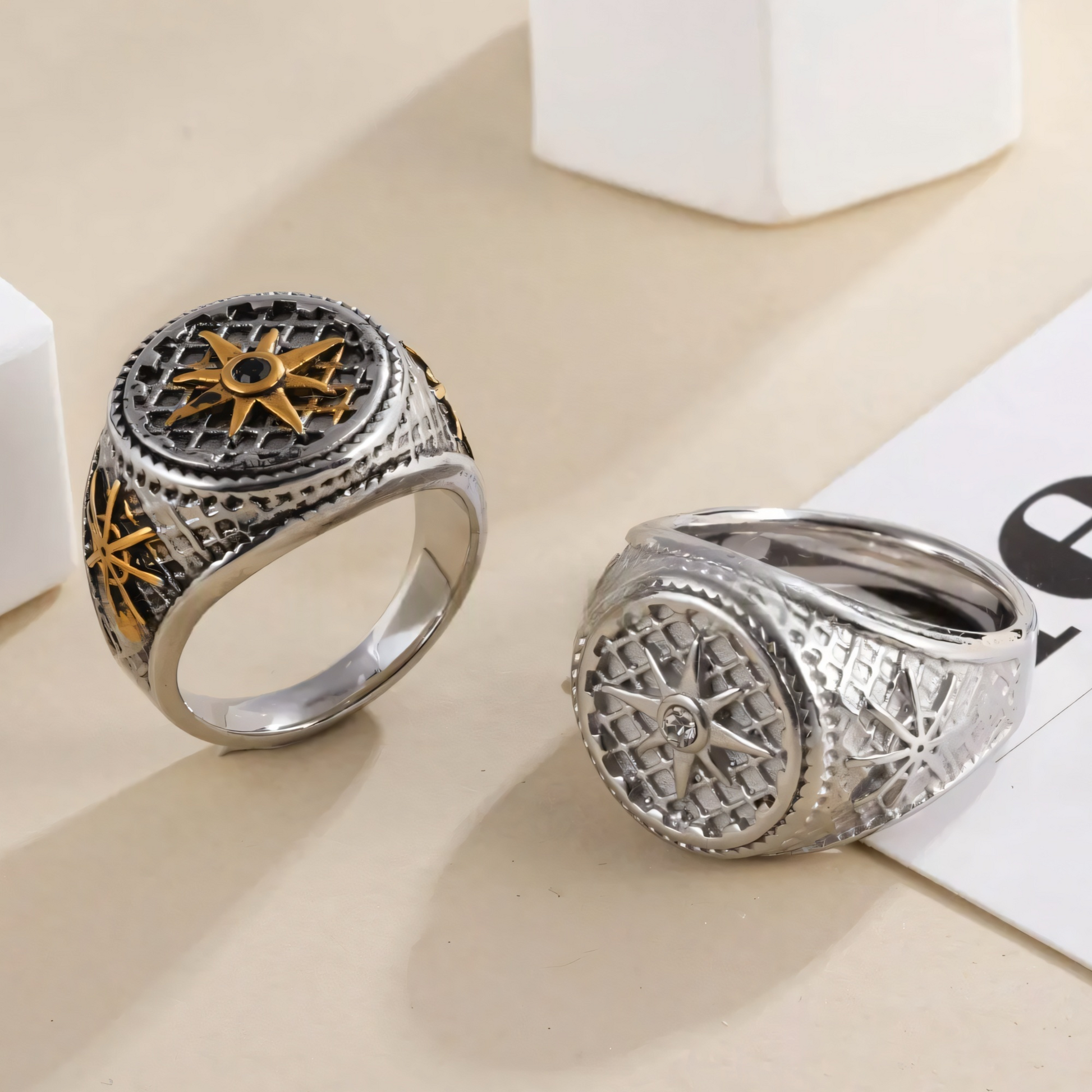 Mens Vintage Stainless Steel Compass Ring Retro Nautical Jewelry | G002130