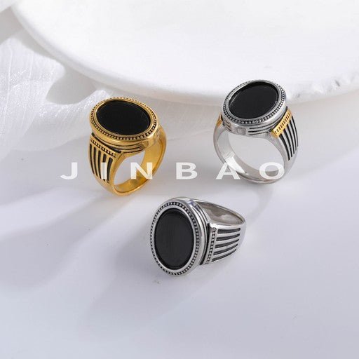 Minimalist Fashion Black Gemstone Stainless Steel Ring Men's Square Band | K00810