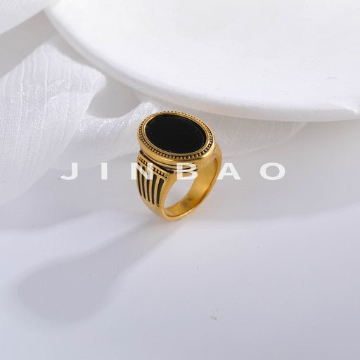 Minimalist Fashion Black Gemstone Stainless Steel Ring Men's Square Band | K00810