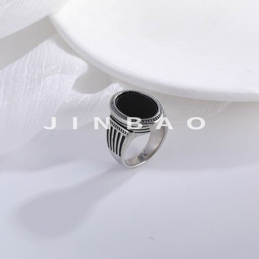 Minimalist Fashion Black Gemstone Stainless Steel Ring Men's Square Band | K00810