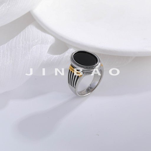 Minimalist Fashion Black Gemstone Stainless Steel Ring Men's Square Band | K00810