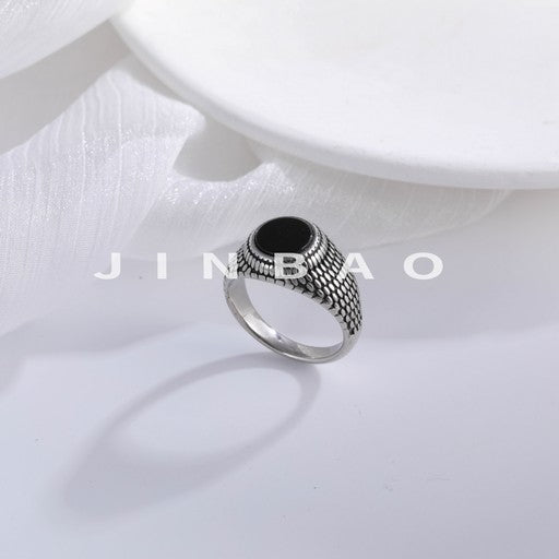 Modern Grid Design Ring Men's Black Gemstone Stainless Steel Ring | K002262