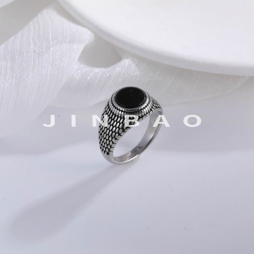 Modern Grid Design Ring Men's Black Gemstone Stainless Steel Ring | K002262