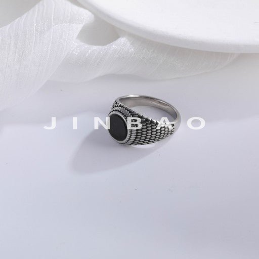 Modern Grid Design Ring Men's Black Gemstone Stainless Steel Ring | K002262