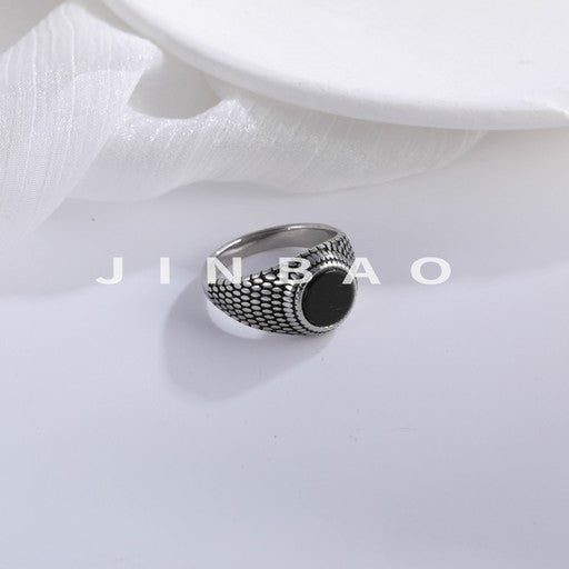 Modern Grid Design Ring Men's Black Gemstone Stainless Steel Ring | K002262