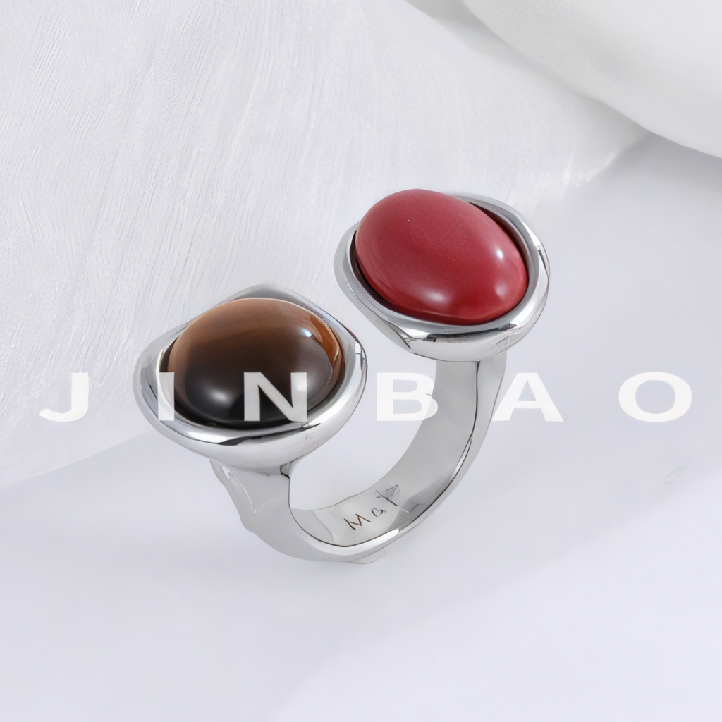 Open Stainless Steel Double Gemstone Ring Minimalist Design for Women | G004555
