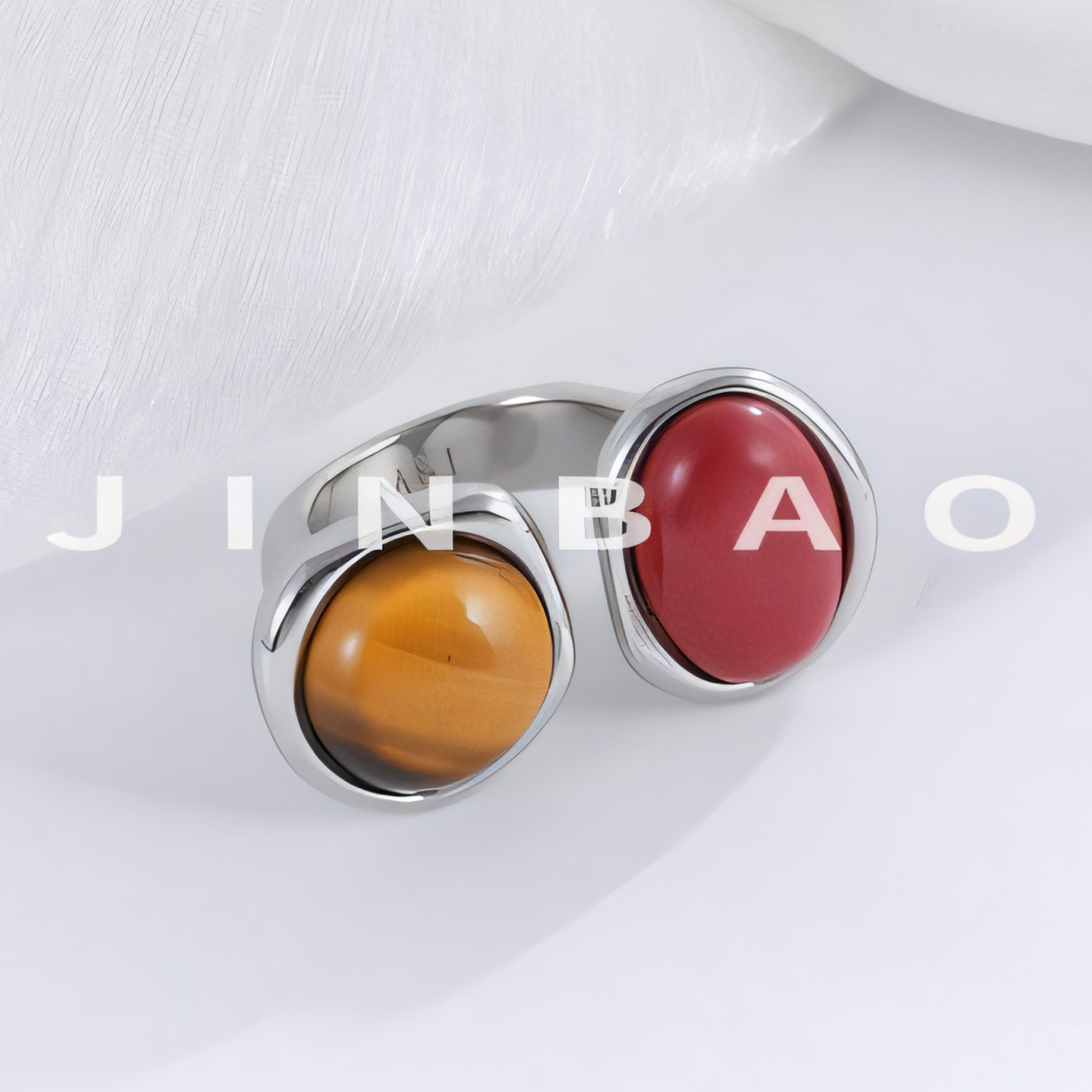 Open Stainless Steel Double Gemstone Ring Minimalist Design for Women | G004555