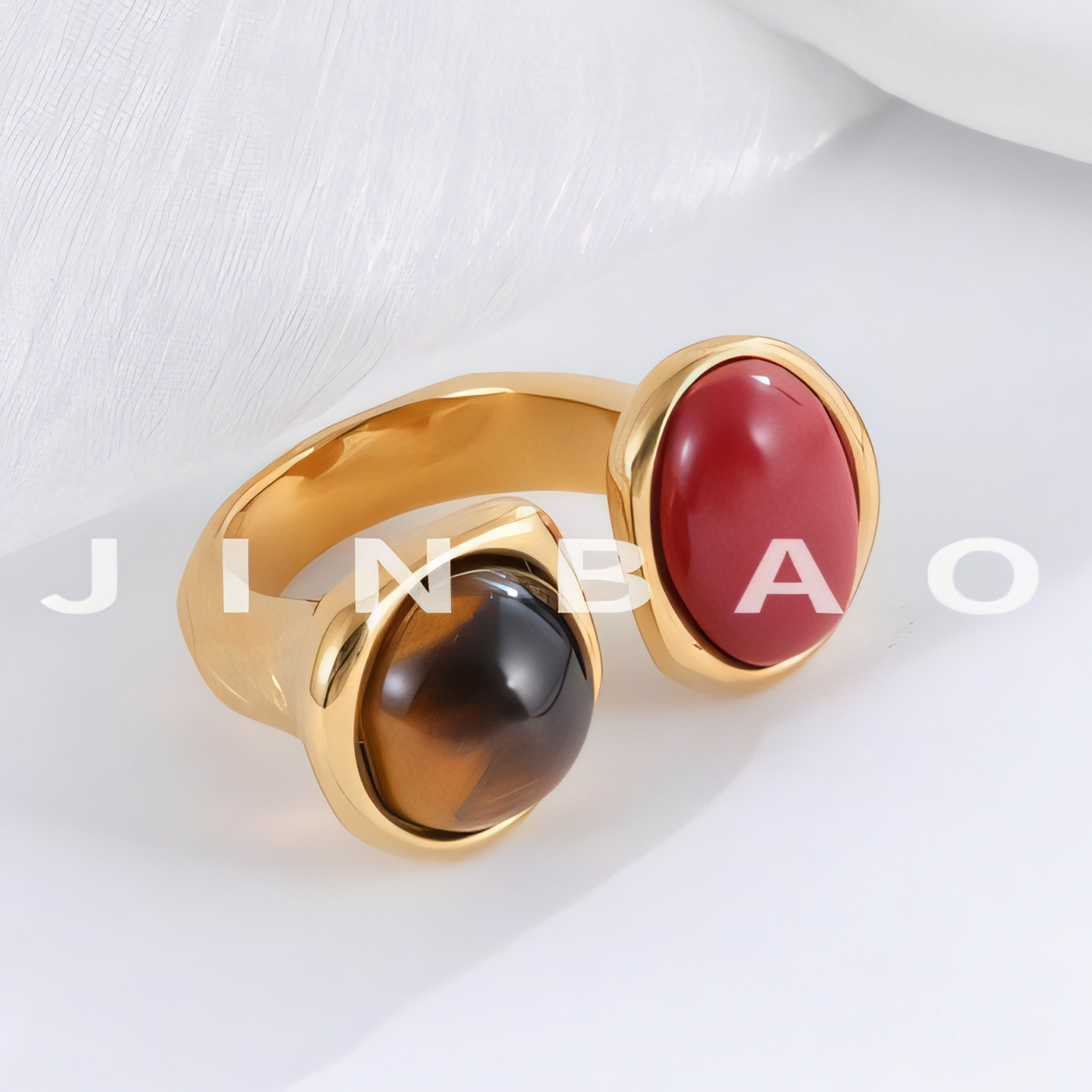 Open Stainless Steel Double Gemstone Ring Minimalist Design for Women | G004555