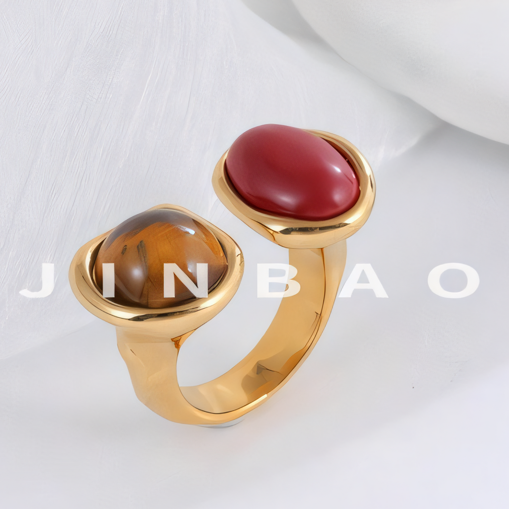 Open Stainless Steel Double Gemstone Ring Minimalist Design for Women | G004555