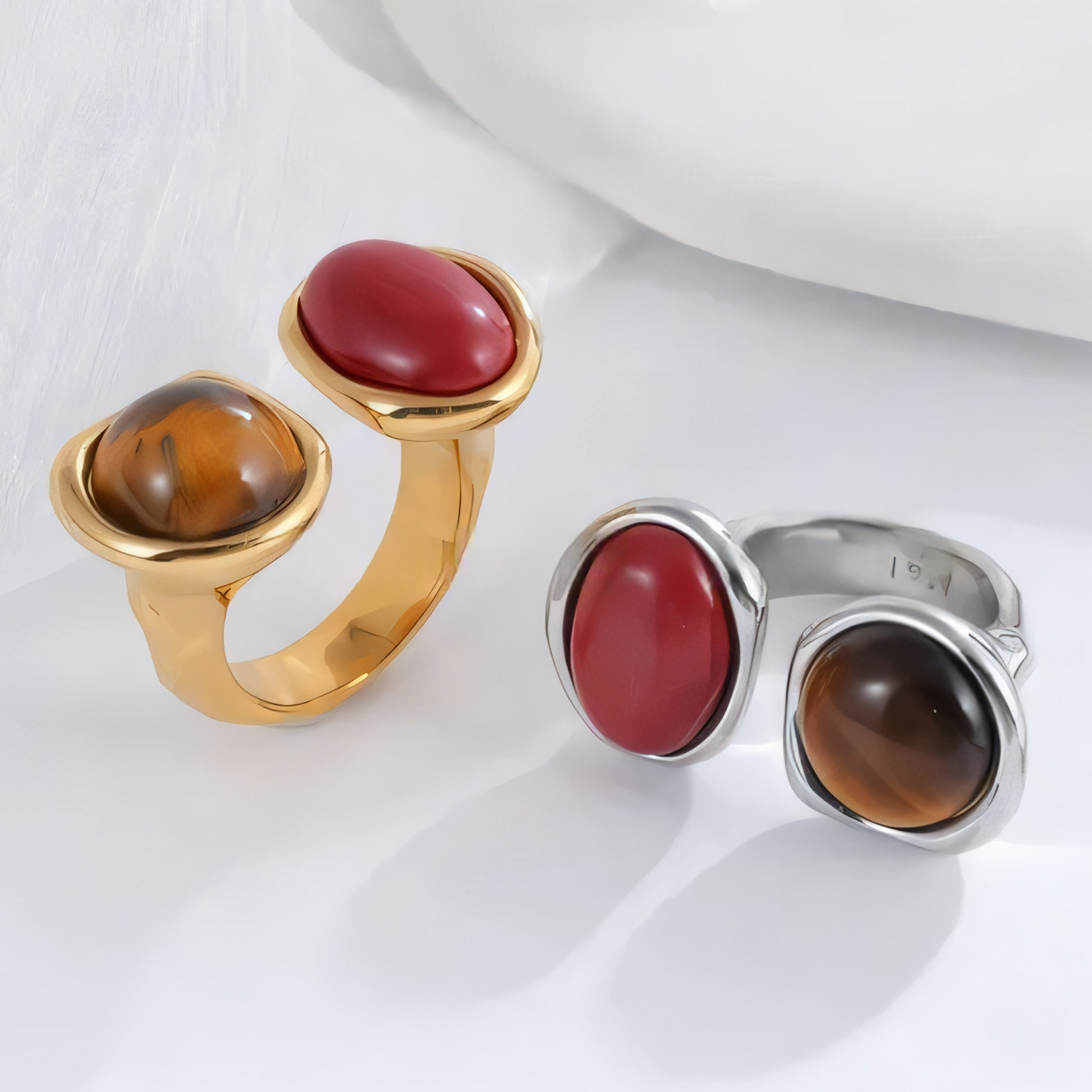 Open Stainless Steel Double Gemstone Ring Minimalist Design for Women | G004555
