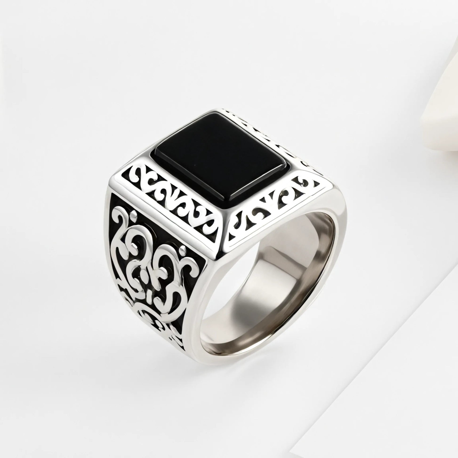Vintage Black Square Gemstone Men's Stainless Steel Ring | K00148