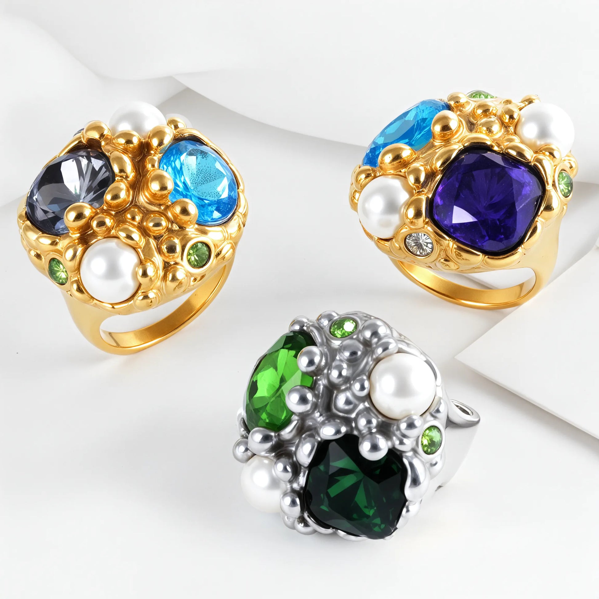 Luxurious Gemstone and Pearl Decorative Stainless Steel Ring Women's Ring | G004495