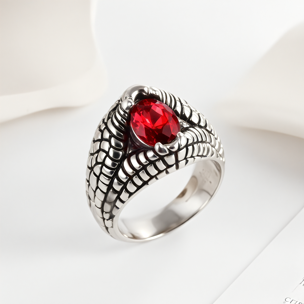 Vintage Snake Pattern Gemstone Ring Men's Silver Fashion Jewelry | G2110