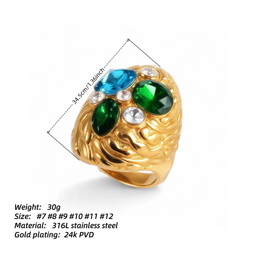 Stylish Embossed Colorful Gemstone Stainless Steel Ring for Women | G004467