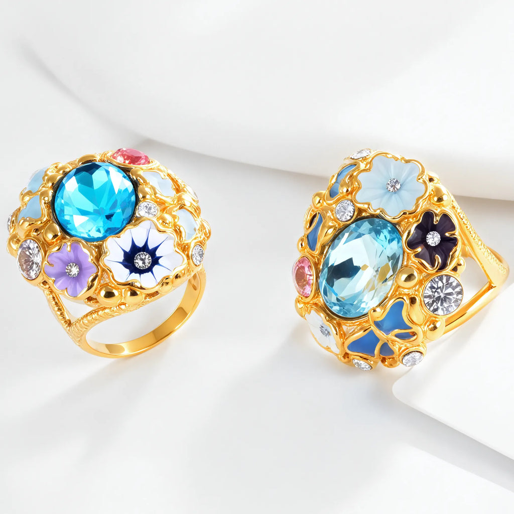Colorful Gemstone Stainless Steel Ring with Floral Design Classic Fashion for Women | G004476